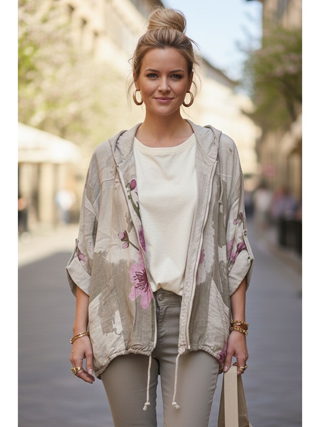 İtalyan Bej Kapüşonlu 3/4 Kol Fermuarlı Cepli Casual Keten Görünümlü Dokuma Ceket 68 65-6