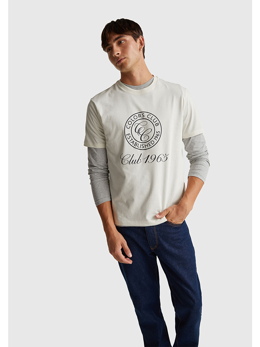 Erkek Beyaz-Renkli Yazılı %100 Pamuk Önü Logo Baskılı Relax Fit T-Shirt-4