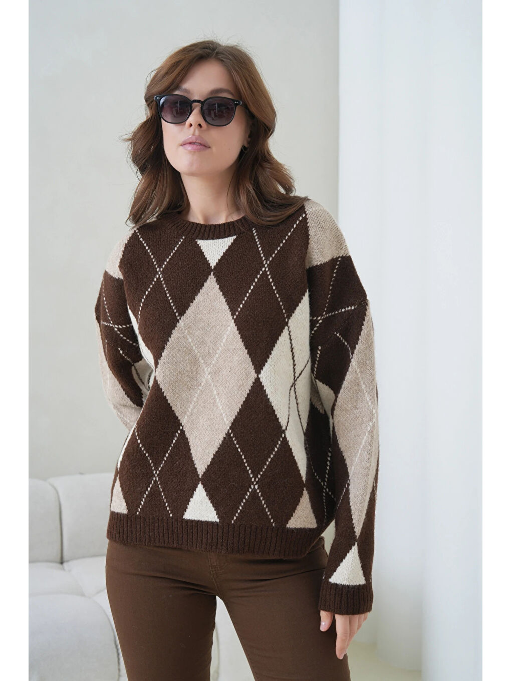 Kahverengi Kadın Bisiklet Yaka Baklava Desenli Triko Kazak-2