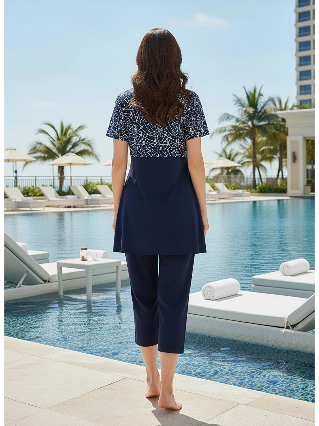 Lacivert Hızlı Kuruyan Esnek Paraşüt Kumaş 4 Parça Kısa Kollu Yarı Kapalı Mayo 3409-4