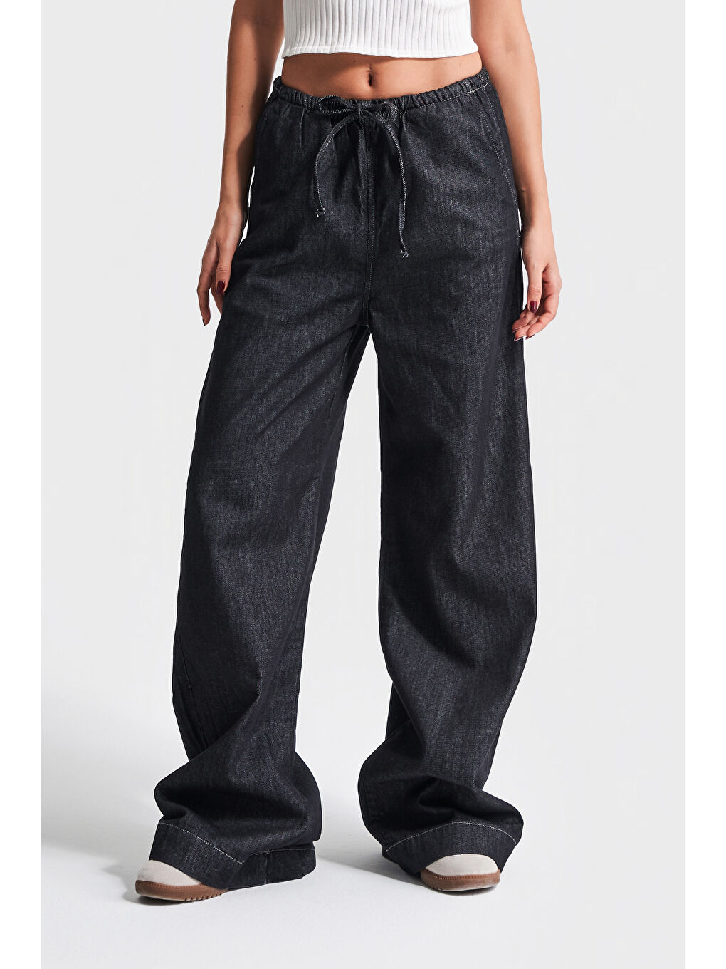 Kadın Siyah Su Yıkama Renk 7w4-51 Rahat Kumaş %100 Pamuk Bol Kesim Denim