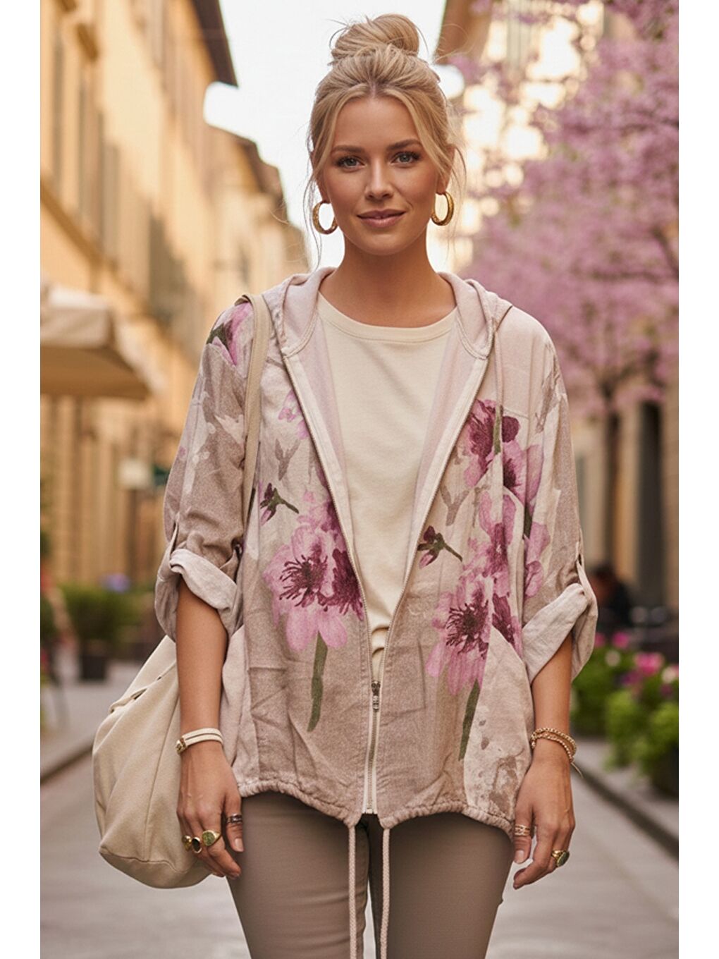 İtalyan Ekru Kapüşonlu 3/4 Kol Fermuarlı Cepli Casual Keten Görünümlü Dokuma Ceket 68 65-7