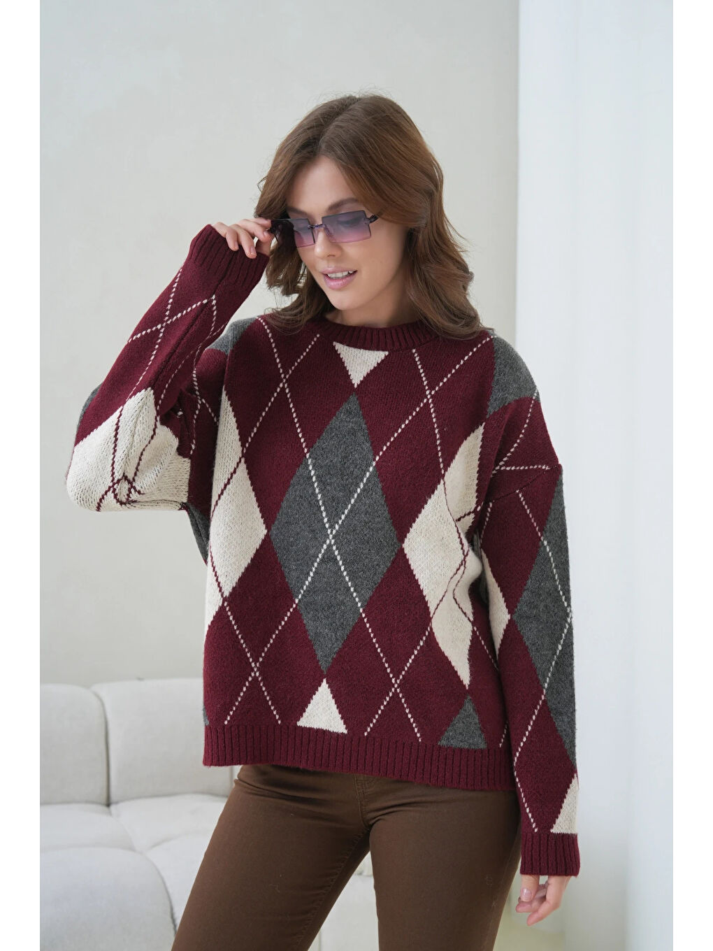 Bordo Kadın Bisiklet Yaka Baklava Desenli Triko Kazak-4