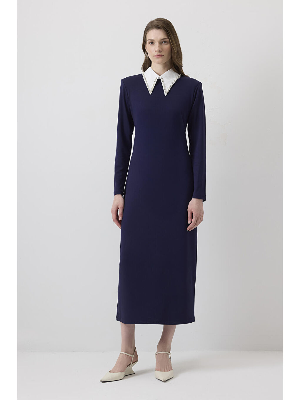 Lacivert Yaka Taş Detaylı Elbise