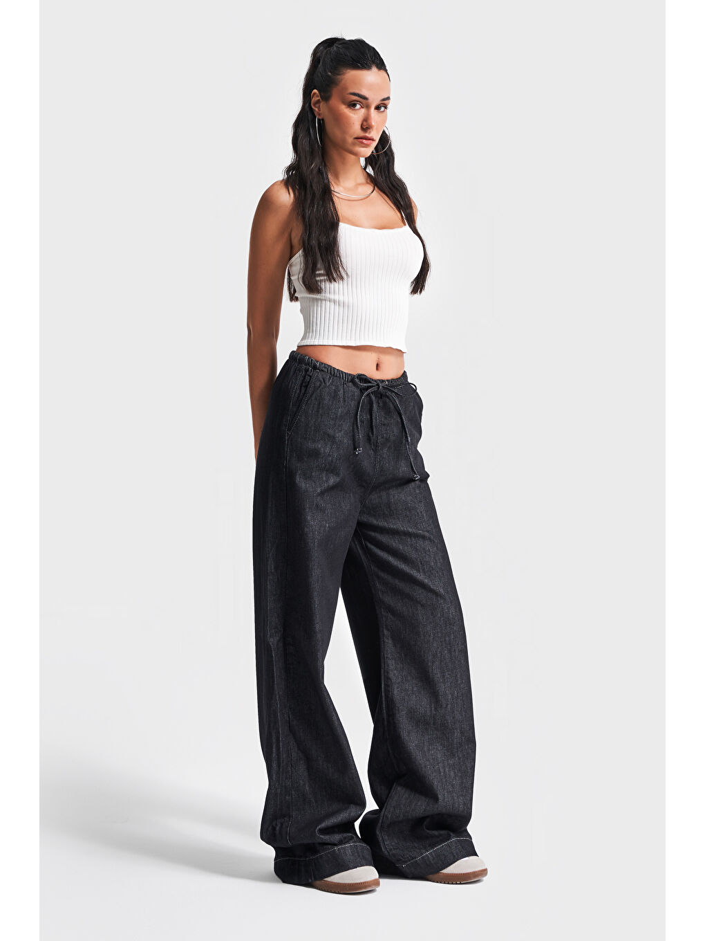 Kadın Siyah Su Yıkama Renk 7w4-51 Rahat Kumaş %100 Pamuk Bol Kesim Denim-1