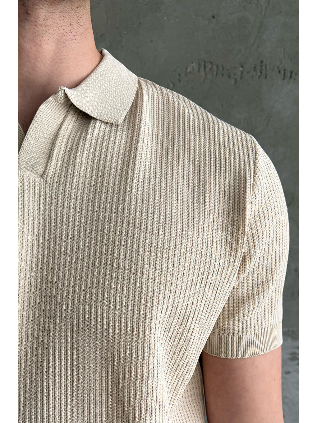 Bej Erkek Petek Desen Polo Yaka Triko T-shirt-8