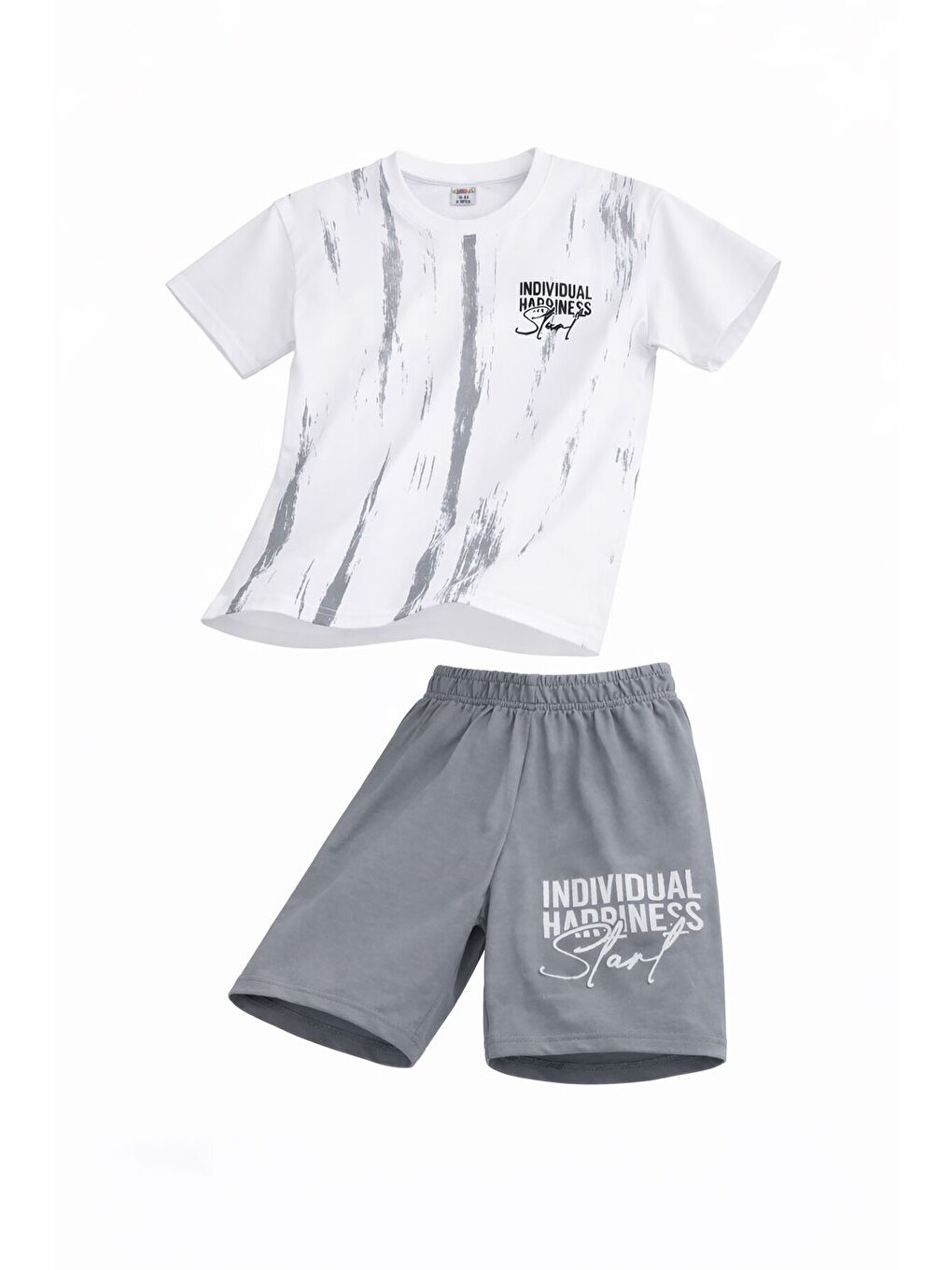 Gri Desenli Tişörtlü Erkek Çocuk Yazı Baskılı Şortlu Takım 23787-1