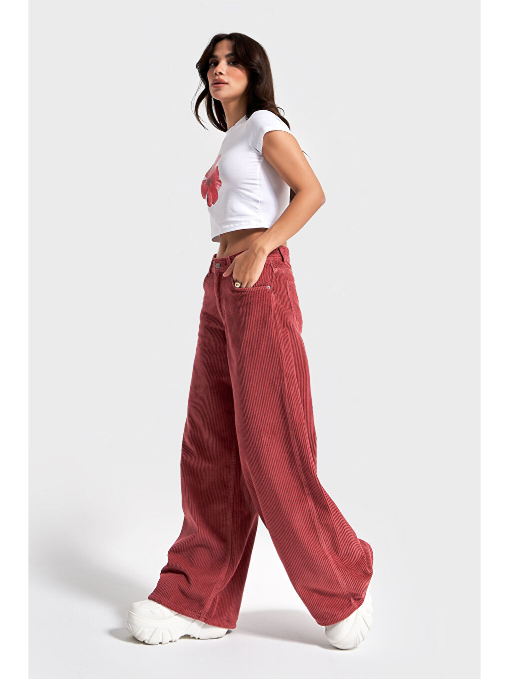 Turuncu Kadın Koral Renk Hera 29w5-104 Palazzo Fit Kalın Fitilli Velvet Kadife Kumaş Pantolon-3