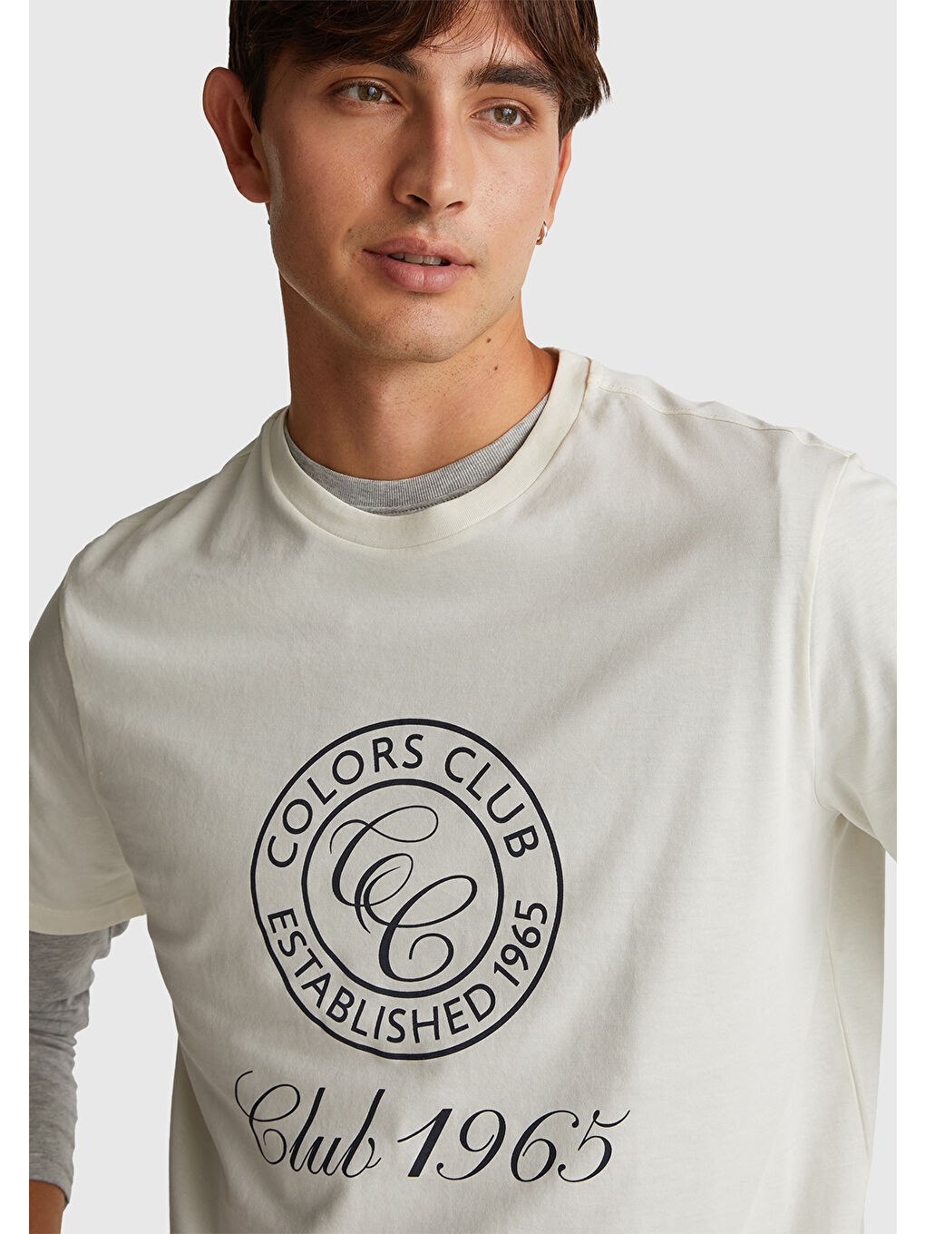 Erkek Beyaz-Renkli Yazılı %100 Pamuk Önü Logo Baskılı Relax Fit T-Shirt-5