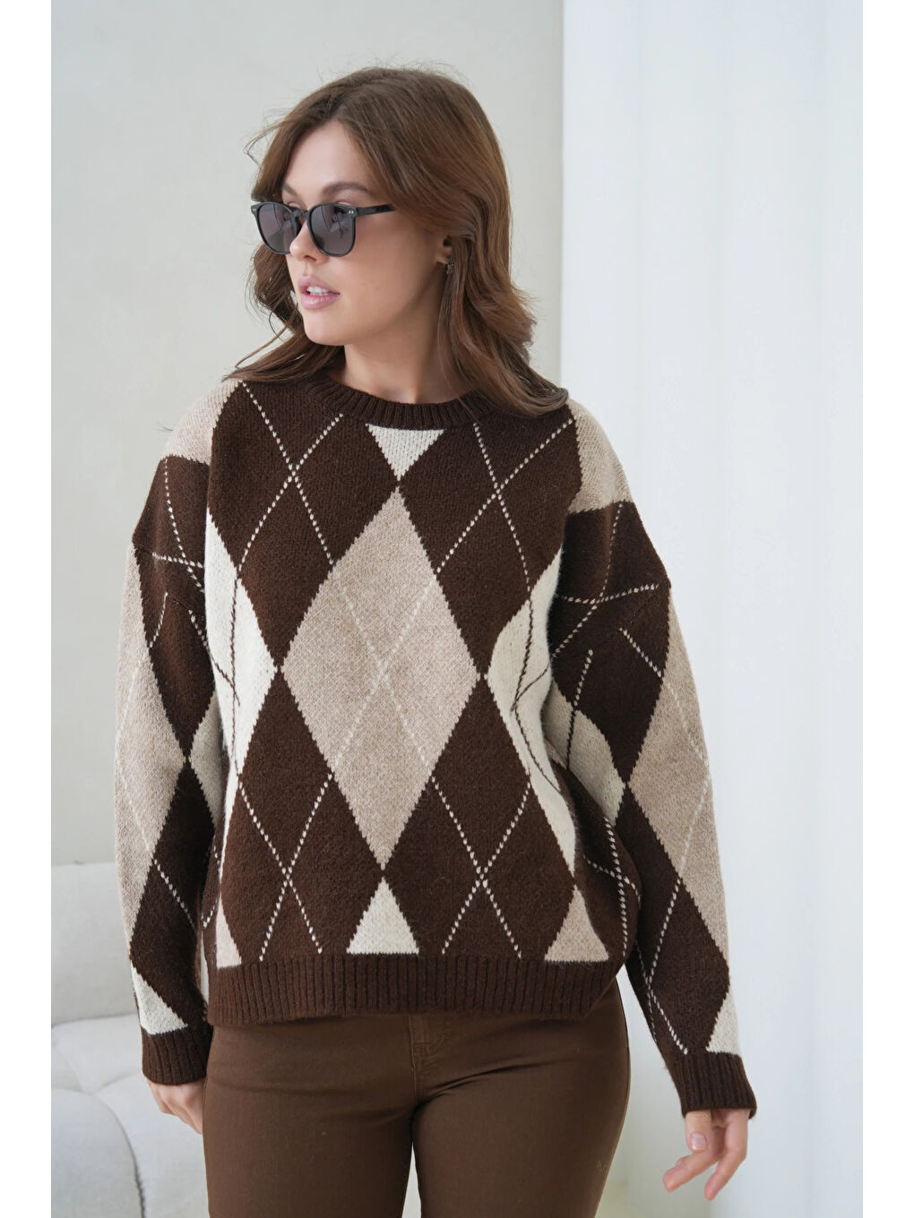 Kahverengi Kadın Bisiklet Yaka Baklava Desenli Triko Kazak-3