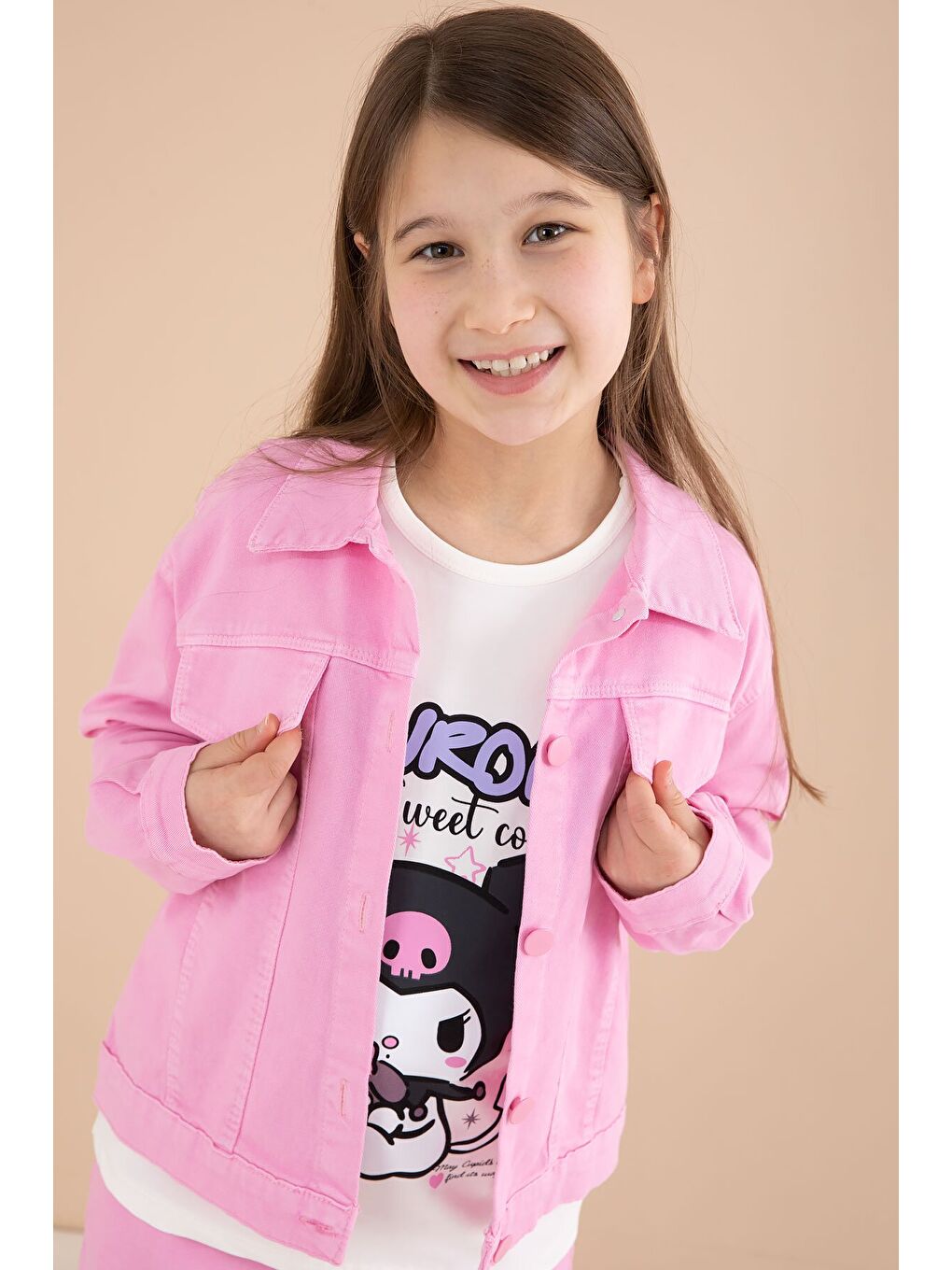 Pembe Cep Detaylı Ceketli Baskılı Tişörtlü Kız Çocuk 3lü Pantolonlu Takım 23589-1