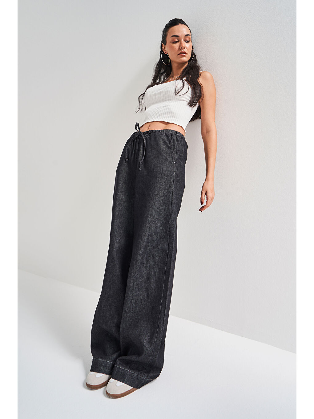 Kadın Siyah Su Yıkama Renk 7w4-51 Rahat Kumaş %100 Pamuk Bol Kesim Denim-4