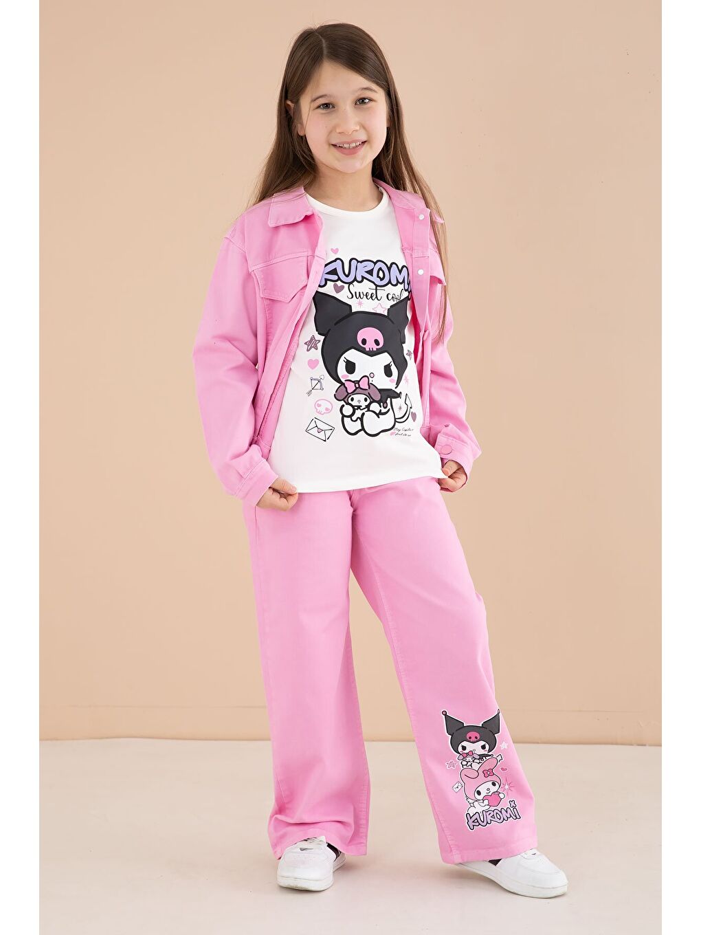 Pembe Cep Detaylı Ceketli Baskılı Tişörtlü Kız Çocuk 3lü Pantolonlu Takım 23589-2