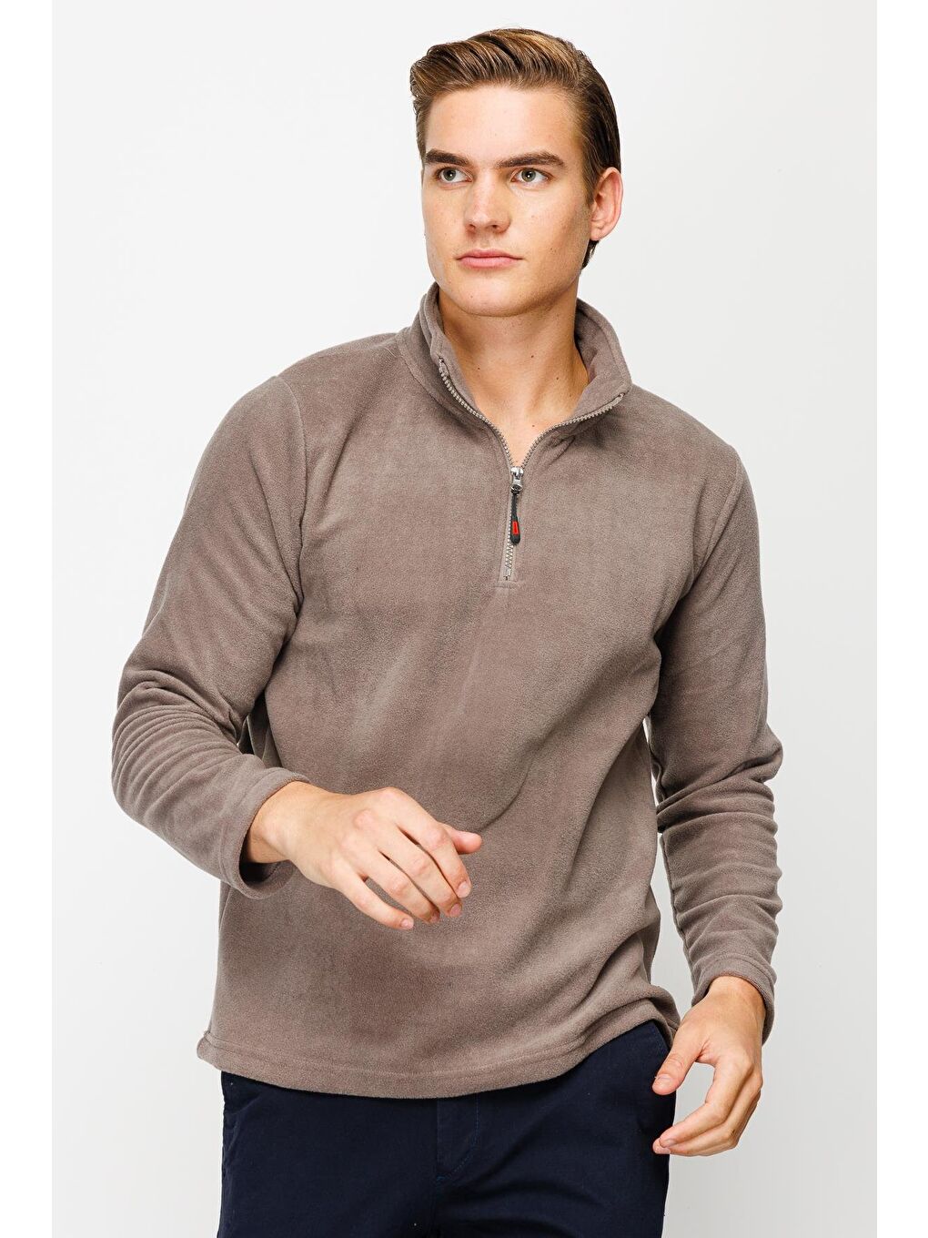 Kahverengi Erkek Açık Kahve Yarım Fermuar Polar-1