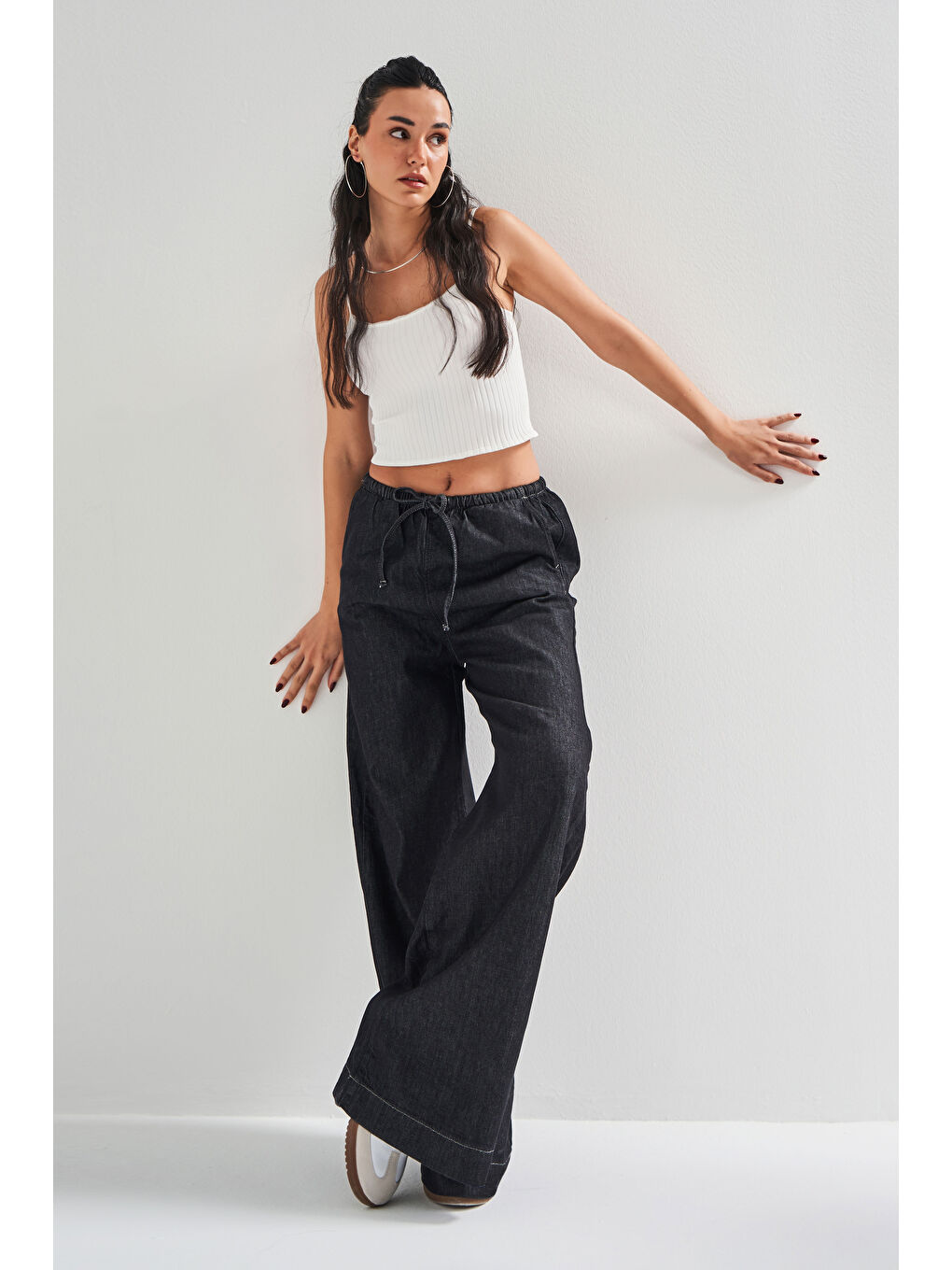 Kadın Siyah Su Yıkama Renk 7w4-51 Rahat Kumaş %100 Pamuk Bol Kesim Denim-5