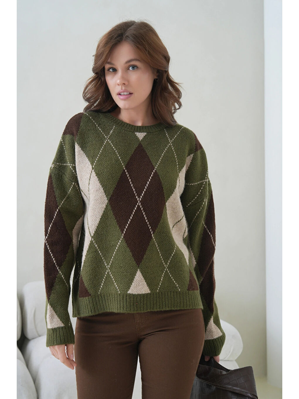 Haki Kadın Bisiklet Yaka Baklava Desenli Triko Kazak-1