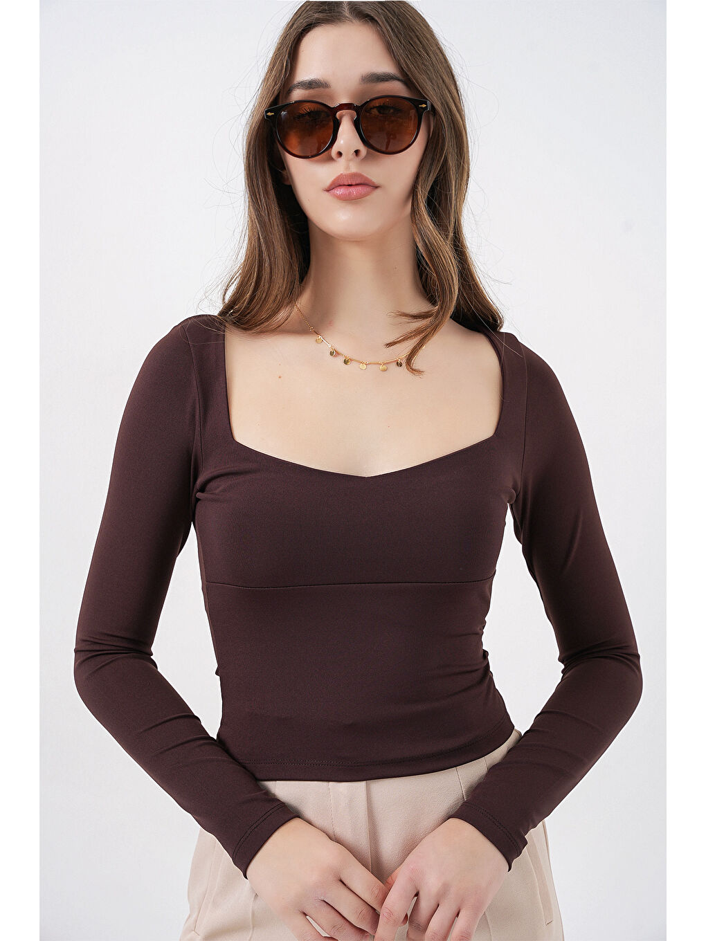 Kadın Kare Yaka Slim Fit Bluz 986 - Kahverengi