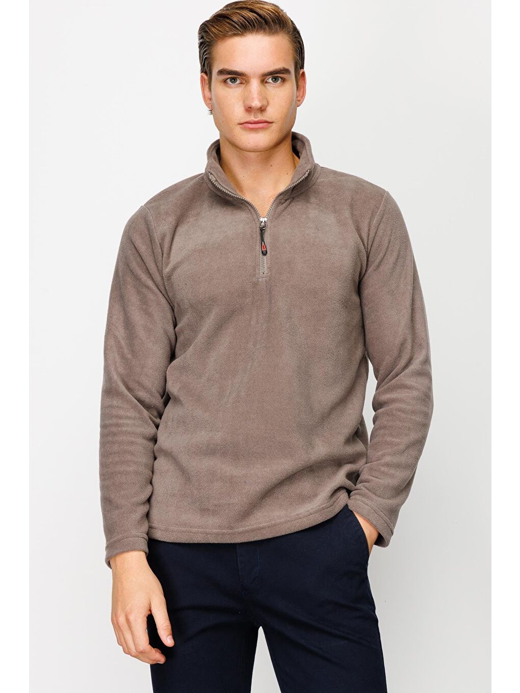 Kahverengi Erkek Açık Kahve Yarım Fermuar Polar-2