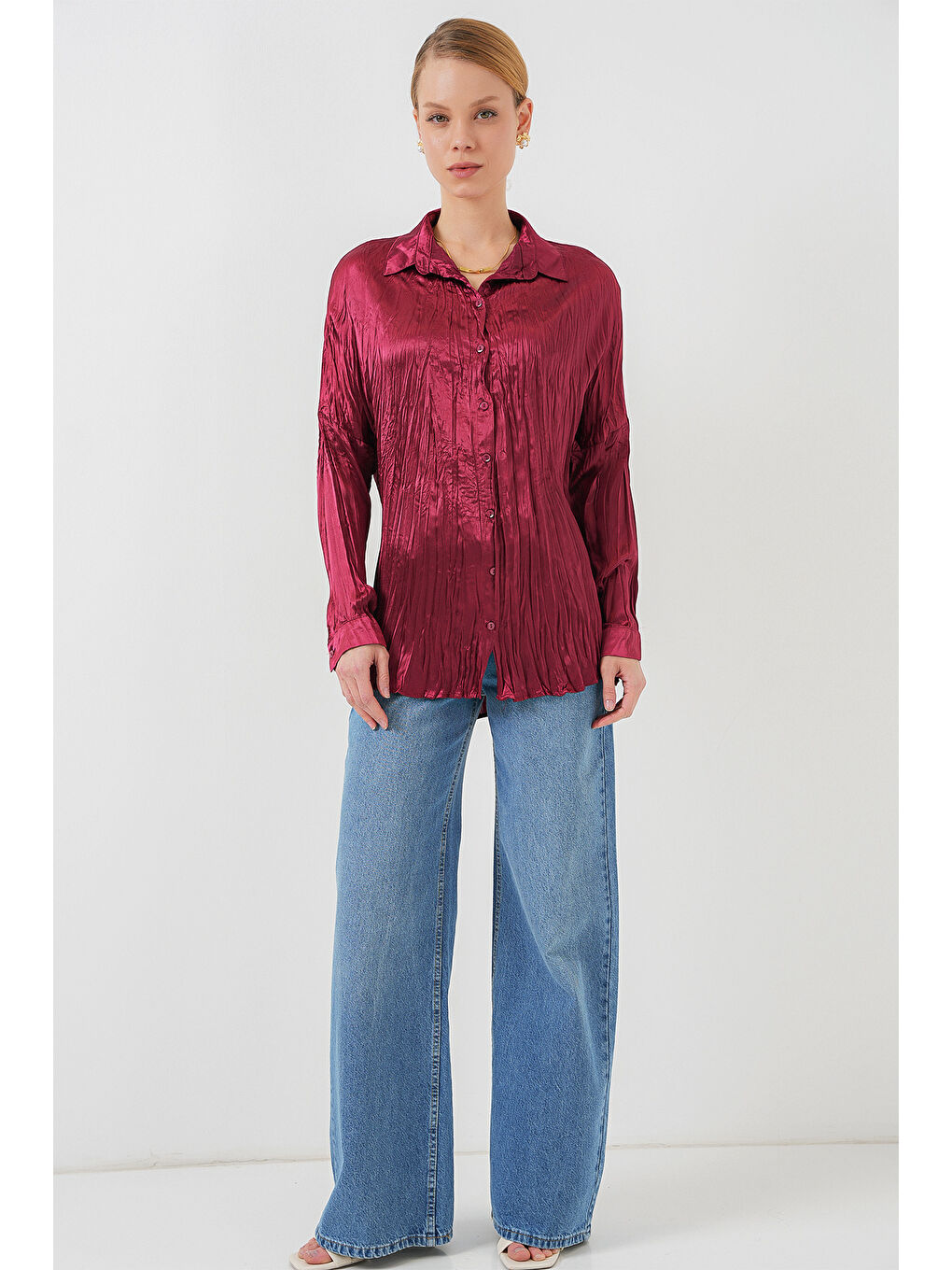 Kadın Kırışık Saten Gömlek 20316 - Bordo-1