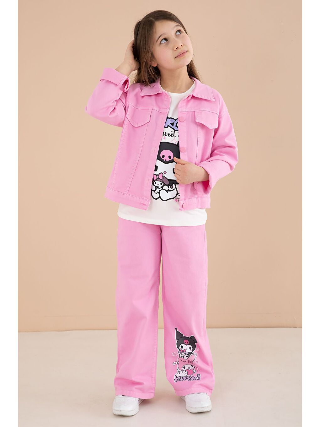 Pembe Cep Detaylı Ceketli Baskılı Tişörtlü Kız Çocuk 3lü Pantolonlu Takım 23589-4