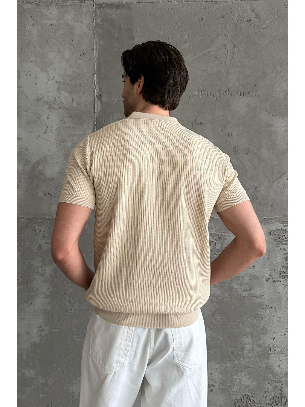 Bej Erkek Petek Desen Polo Yaka Triko T-shirt-9