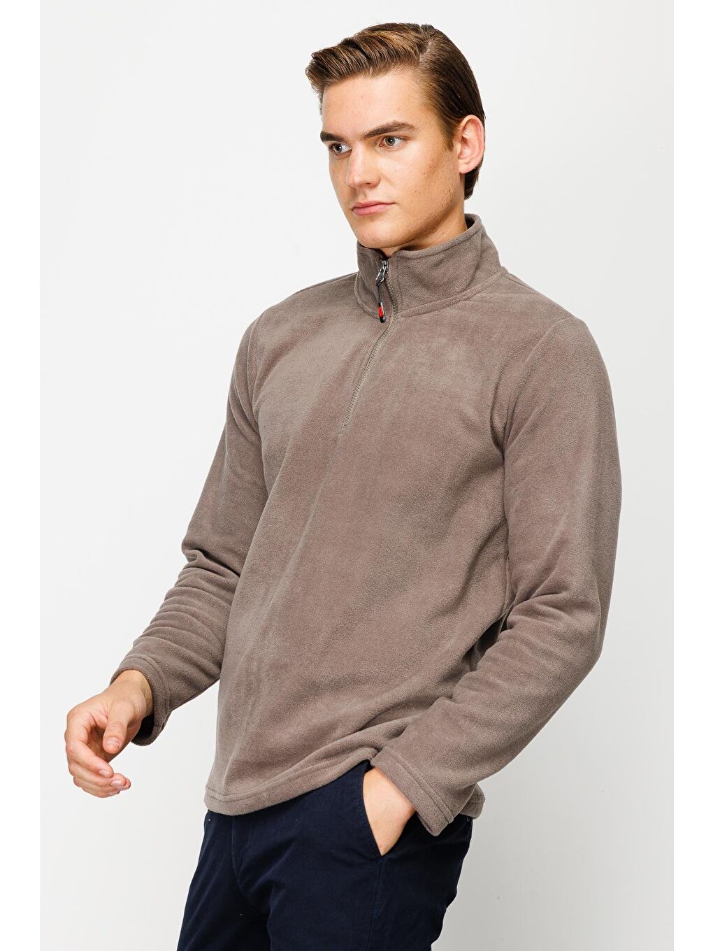 Kahverengi Erkek Açık Kahve Yarım Fermuar Polar-3