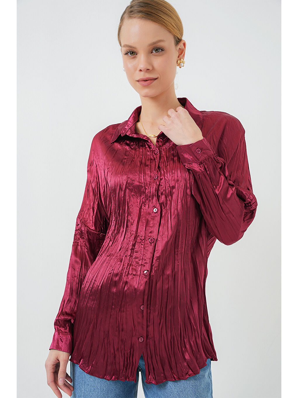 Kadın Kırışık Saten Gömlek 20316 - Bordo-2