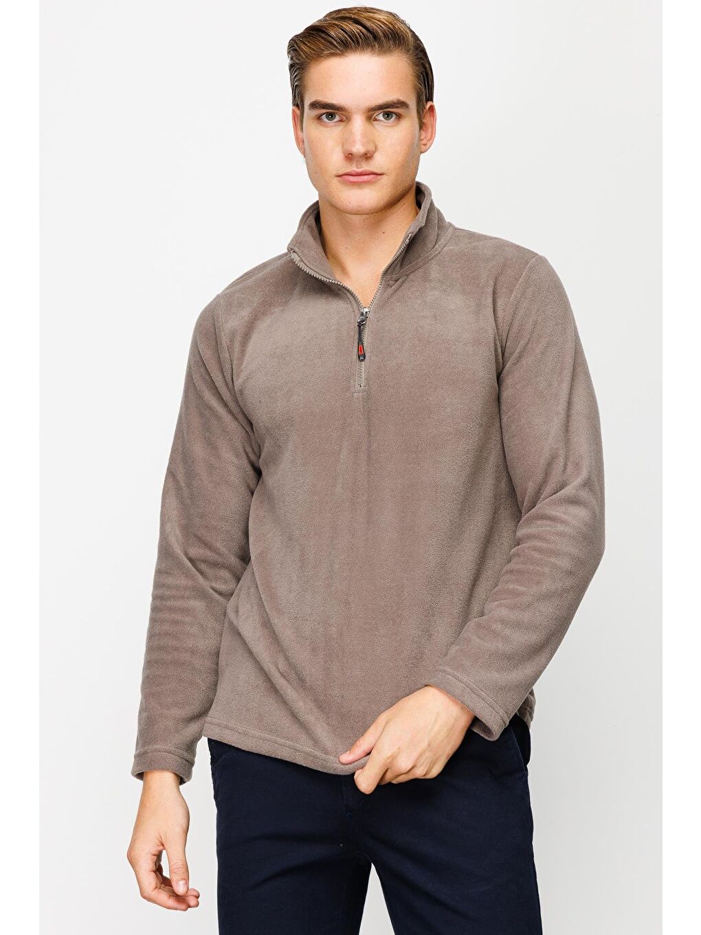 Kahverengi Erkek Açık Kahve Yarım Fermuar Polar-4