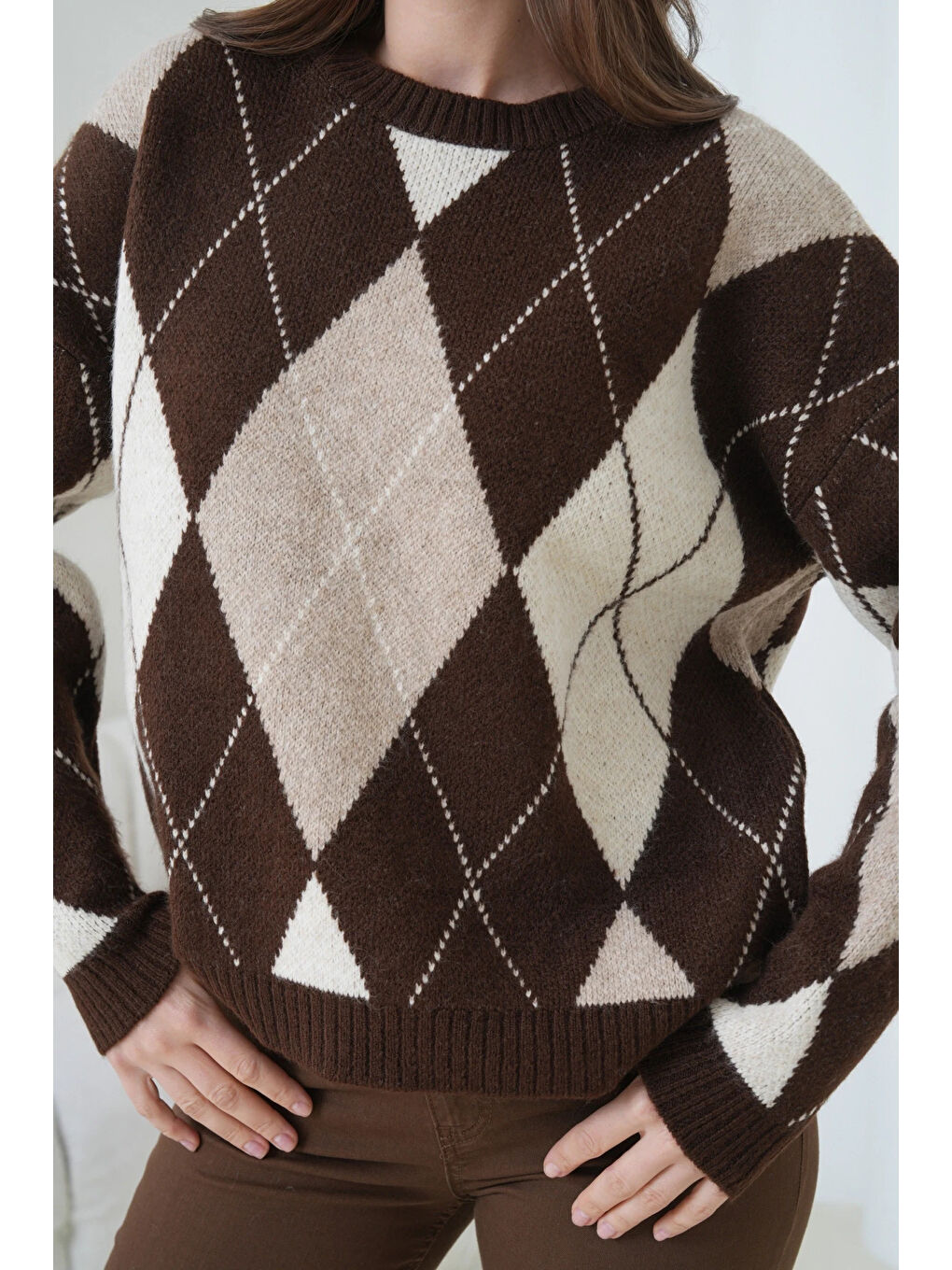 Kahverengi Kadın Bisiklet Yaka Baklava Desenli Triko Kazak-4