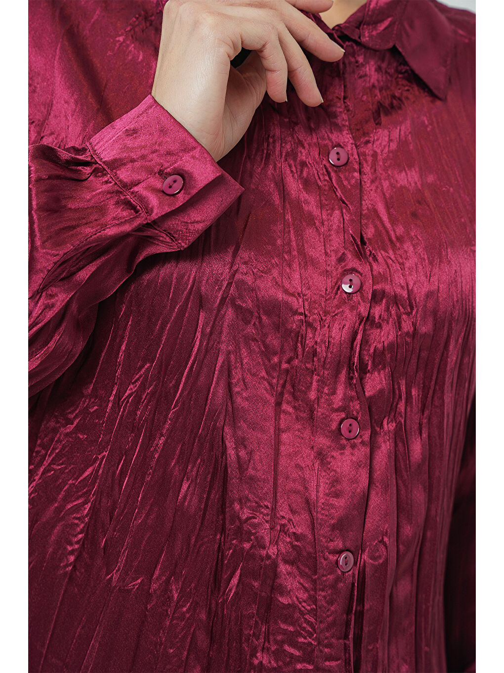 Kadın Kırışık Saten Gömlek 20316 - Bordo-3