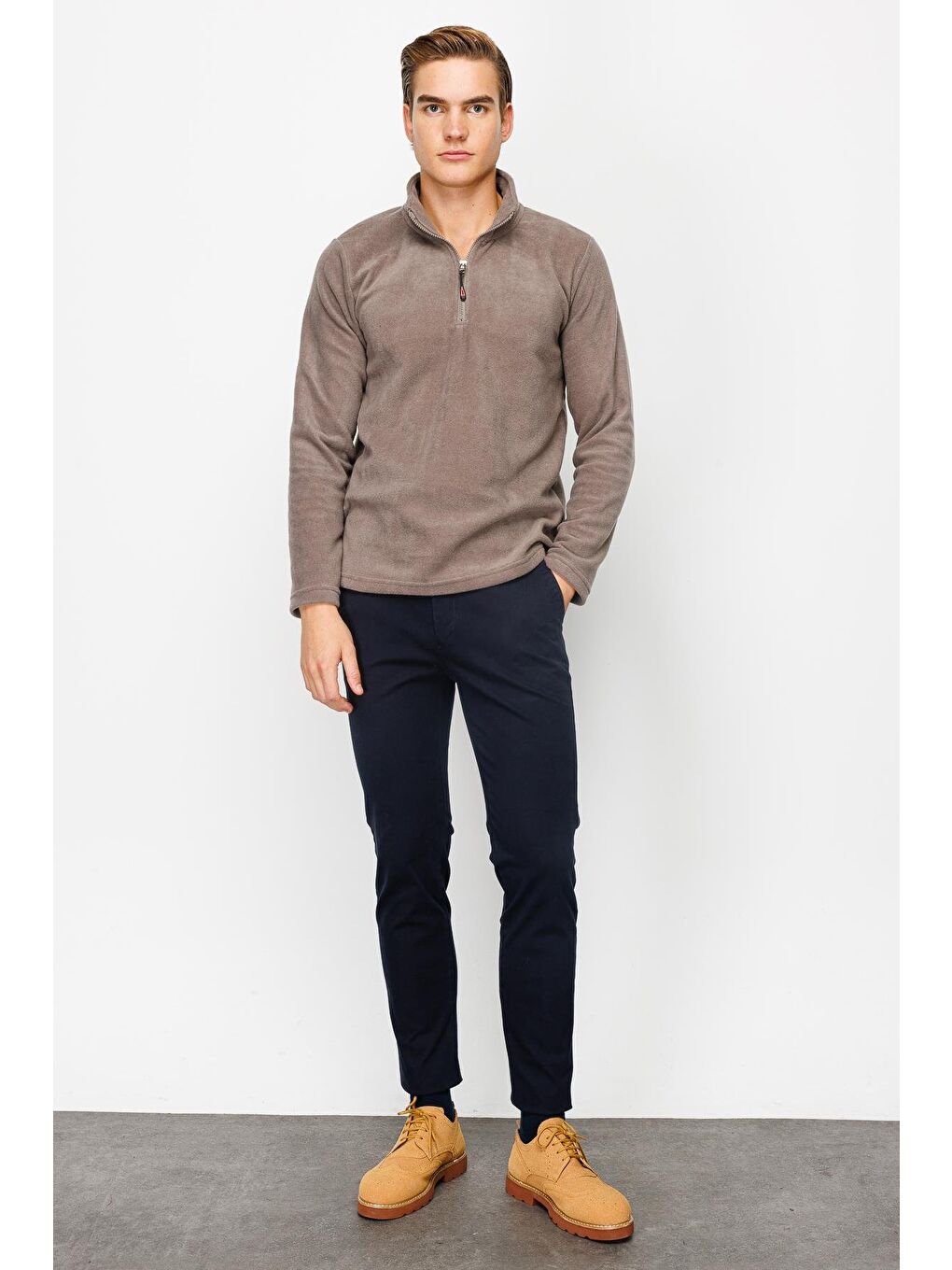 Kahverengi Erkek Açık Kahve Yarım Fermuar Polar-6