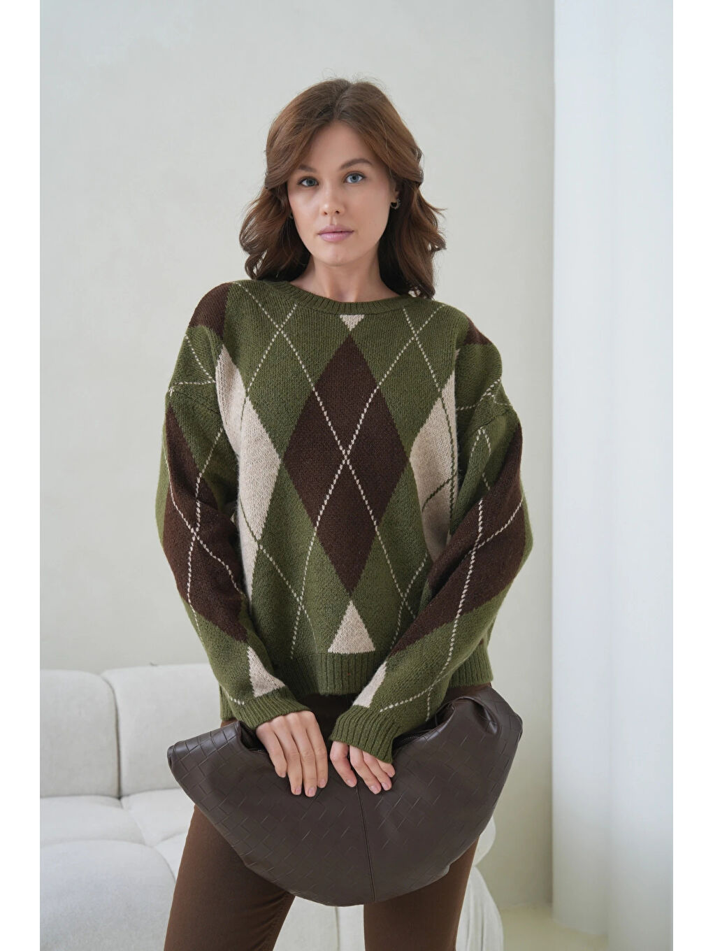 Haki Kadın Bisiklet Yaka Baklava Desenli Triko Kazak-2