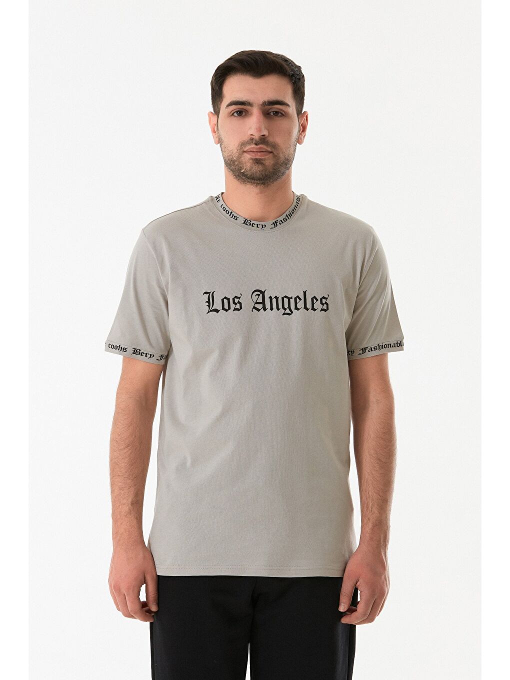 Bej Los Angeles Baskılı Bisiklet Yaka Tişört-4