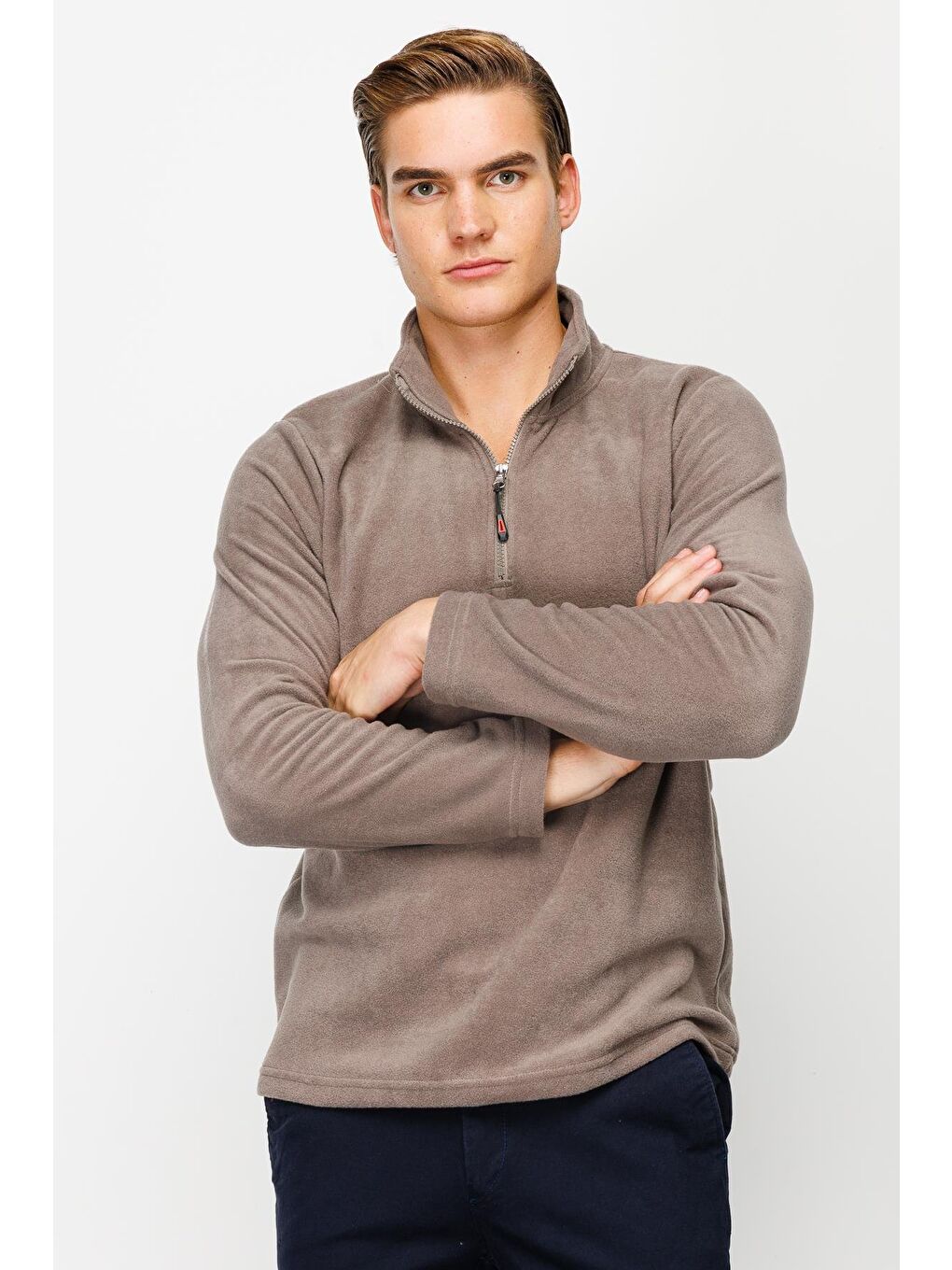 Kahverengi Erkek Açık Kahve Yarım Fermuar Polar-7