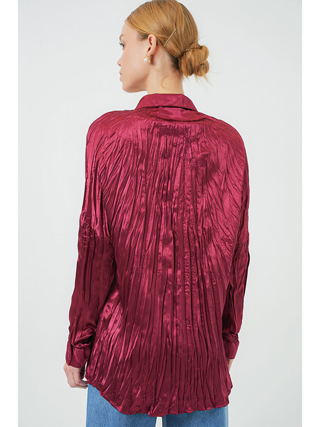 Kadın Kırışık Saten Gömlek 20316 - Bordo-4