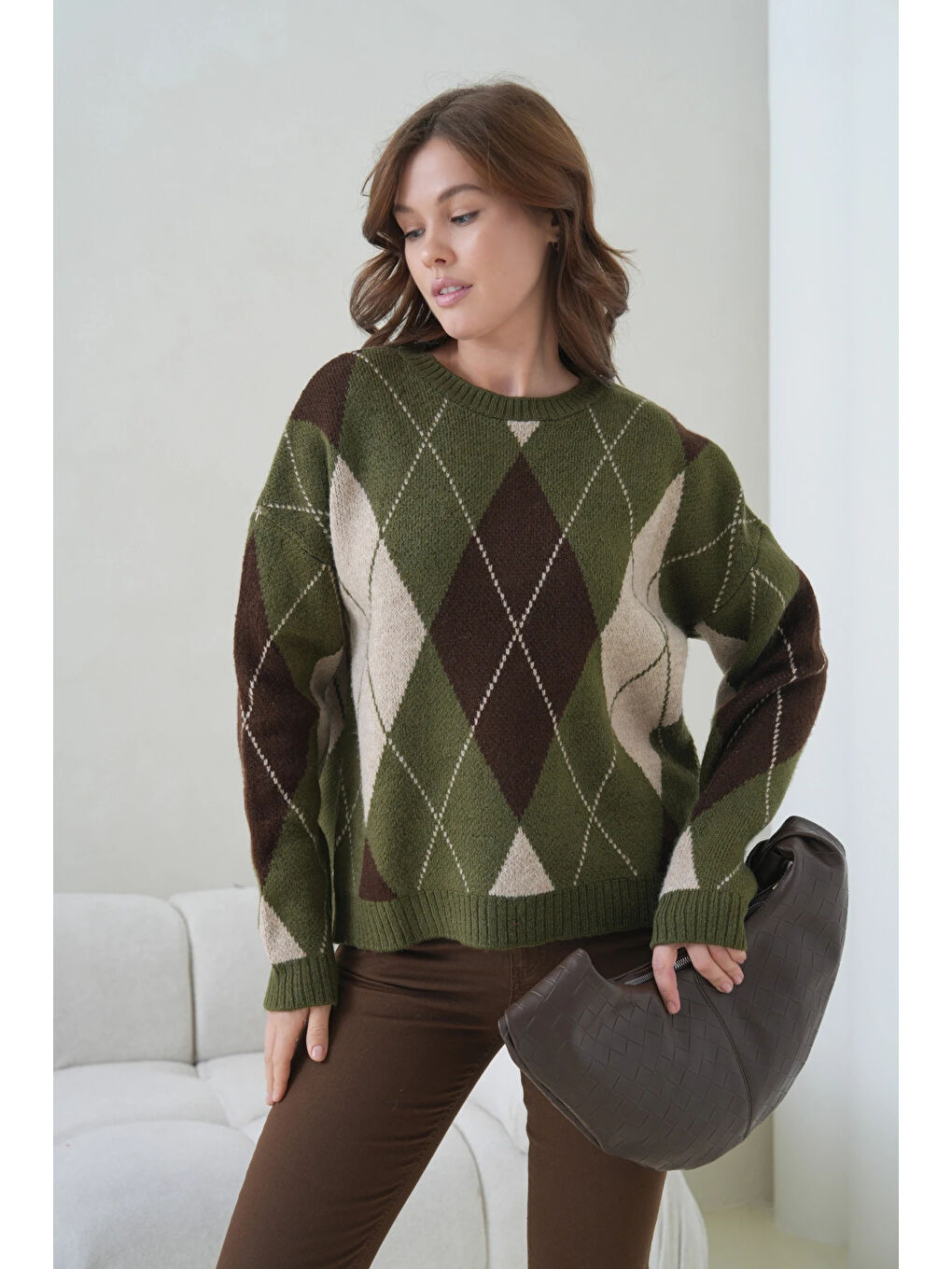 Haki Kadın Bisiklet Yaka Baklava Desenli Triko Kazak-3