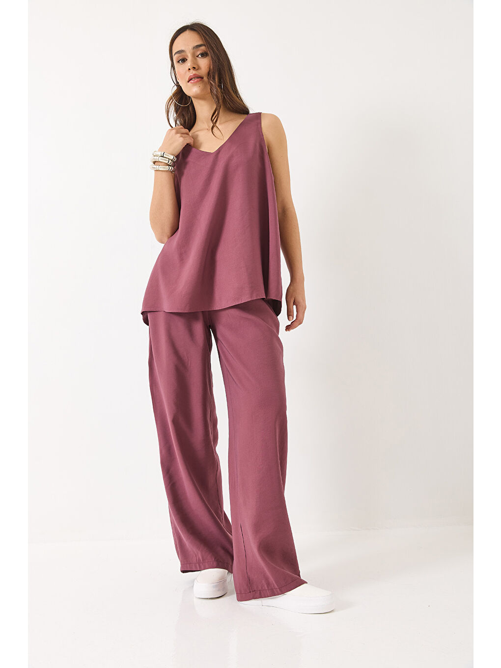Mor Kadın V Yaka Askılı Bluz Palazzo Pantolonlu Alt-Üst Takım-2