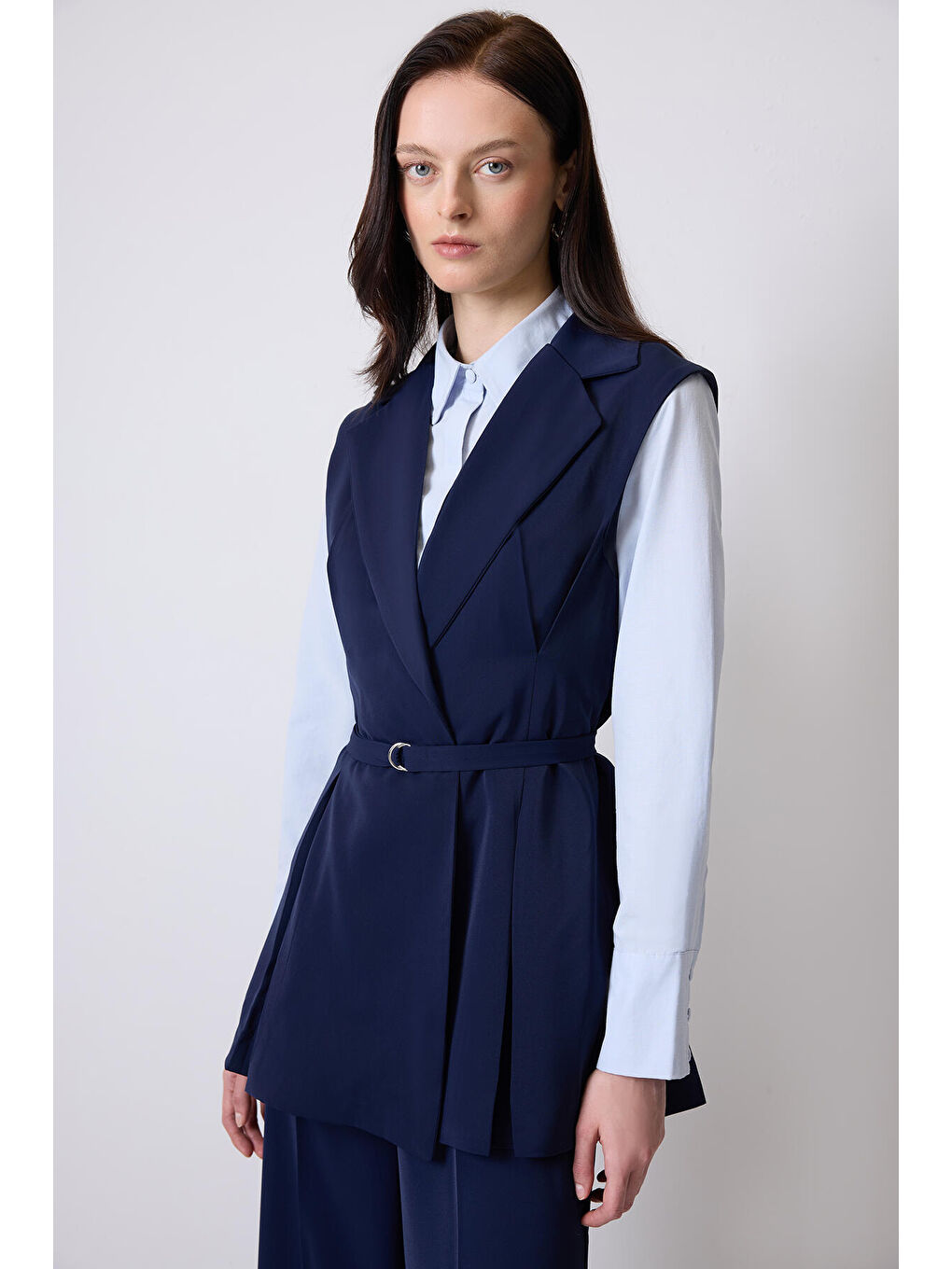 Lacivert Pileli Kruvaze Yelek Pantolon Takım-1