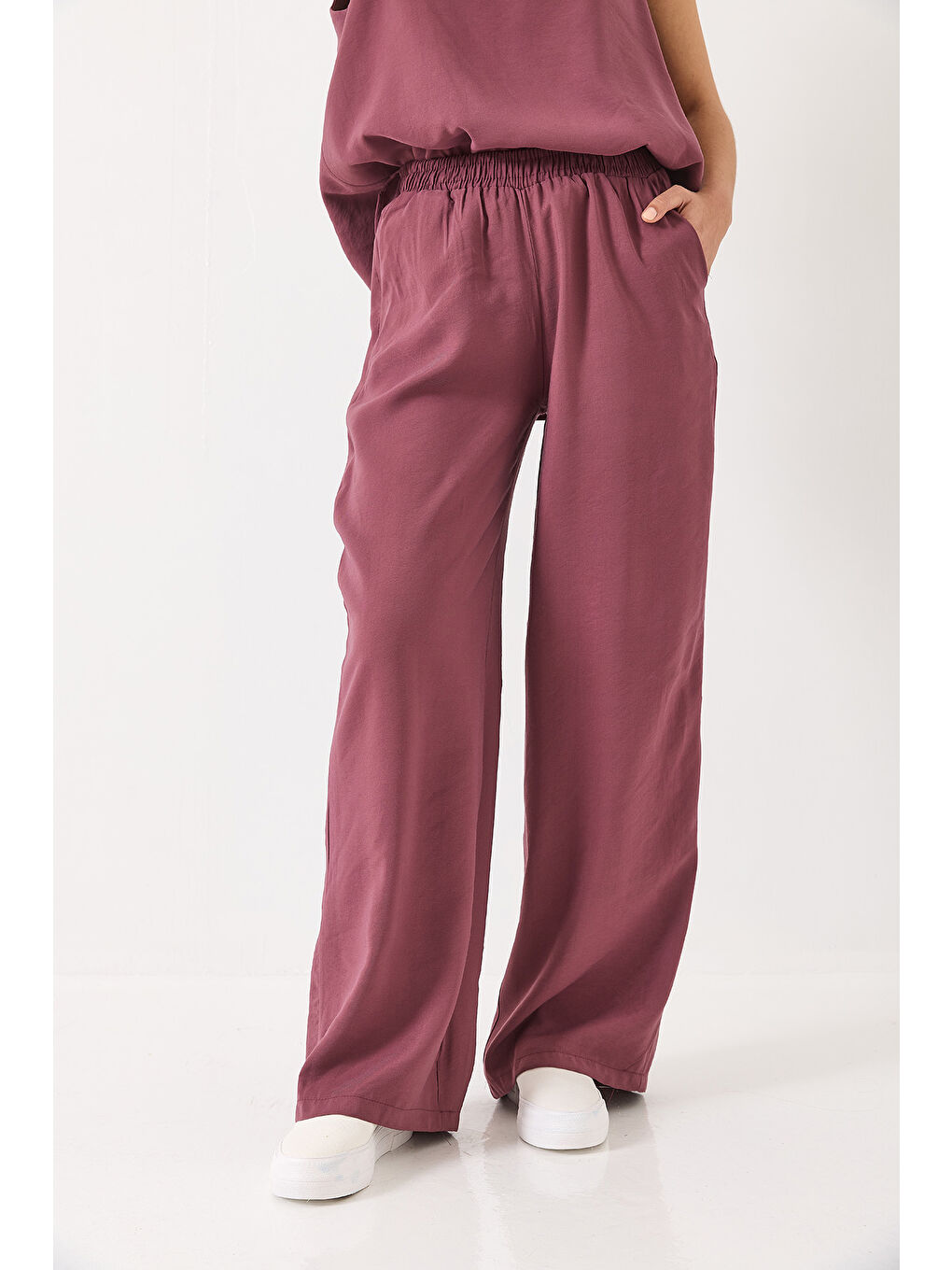 Mor Kadın V Yaka Askılı Bluz Palazzo Pantolonlu Alt-Üst Takım-3