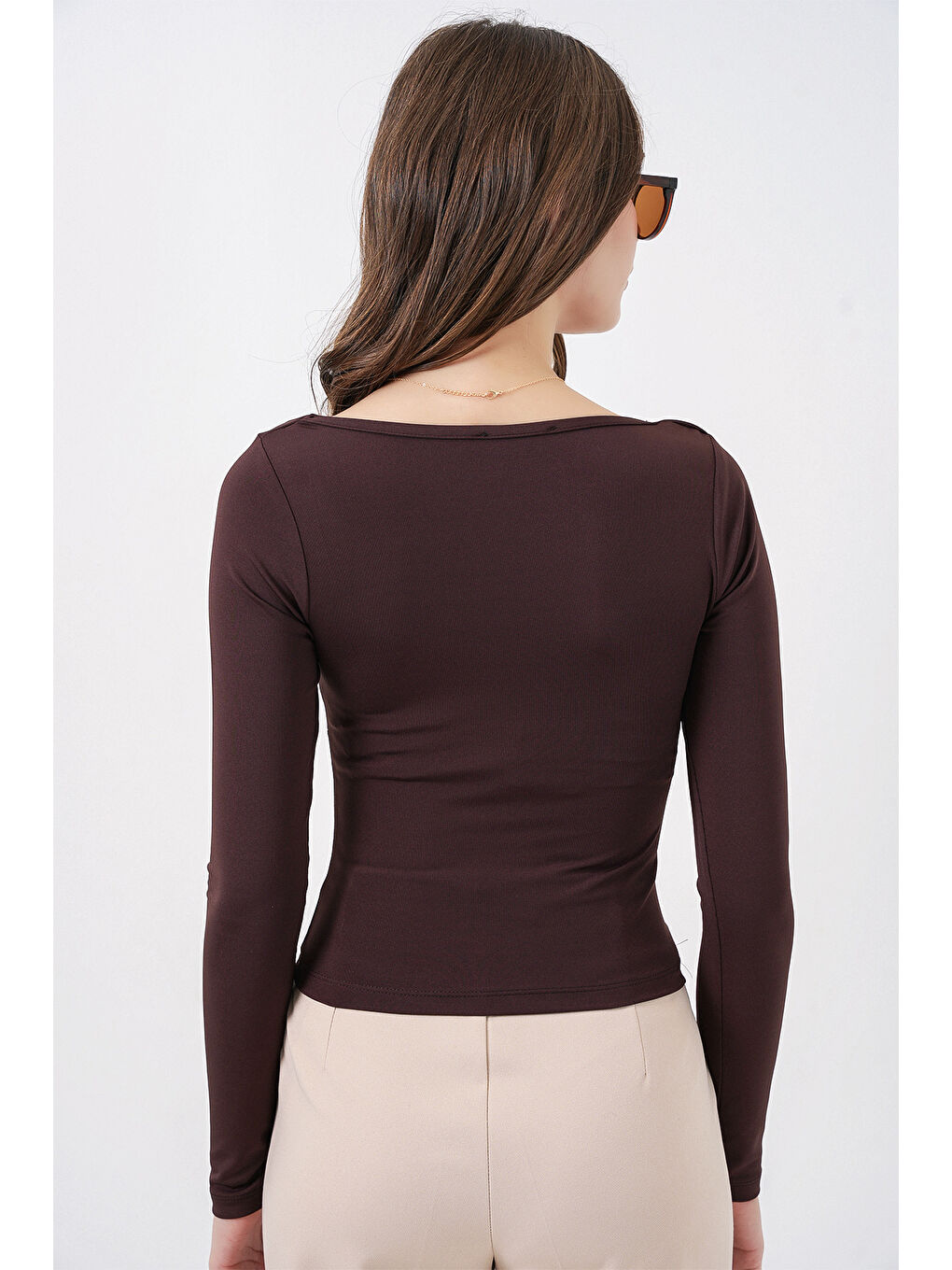 Kadın Kare Yaka Slim Fit Bluz 986 - Kahverengi-4