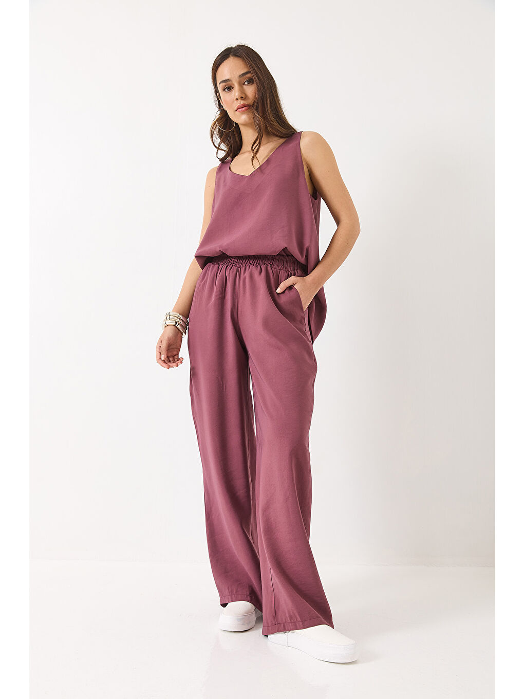Mor Kadın V Yaka Askılı Bluz Palazzo Pantolonlu Alt-Üst Takım-4