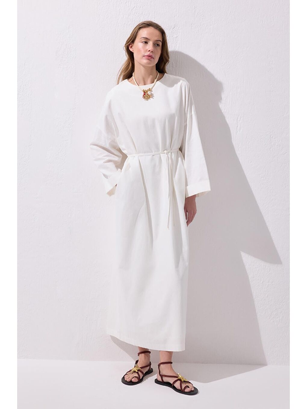 Solen Keten Uzun Elbise Ekru