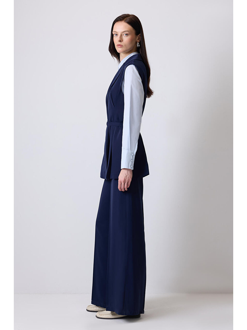 Lacivert Pileli Kruvaze Yelek Pantolon Takım-2