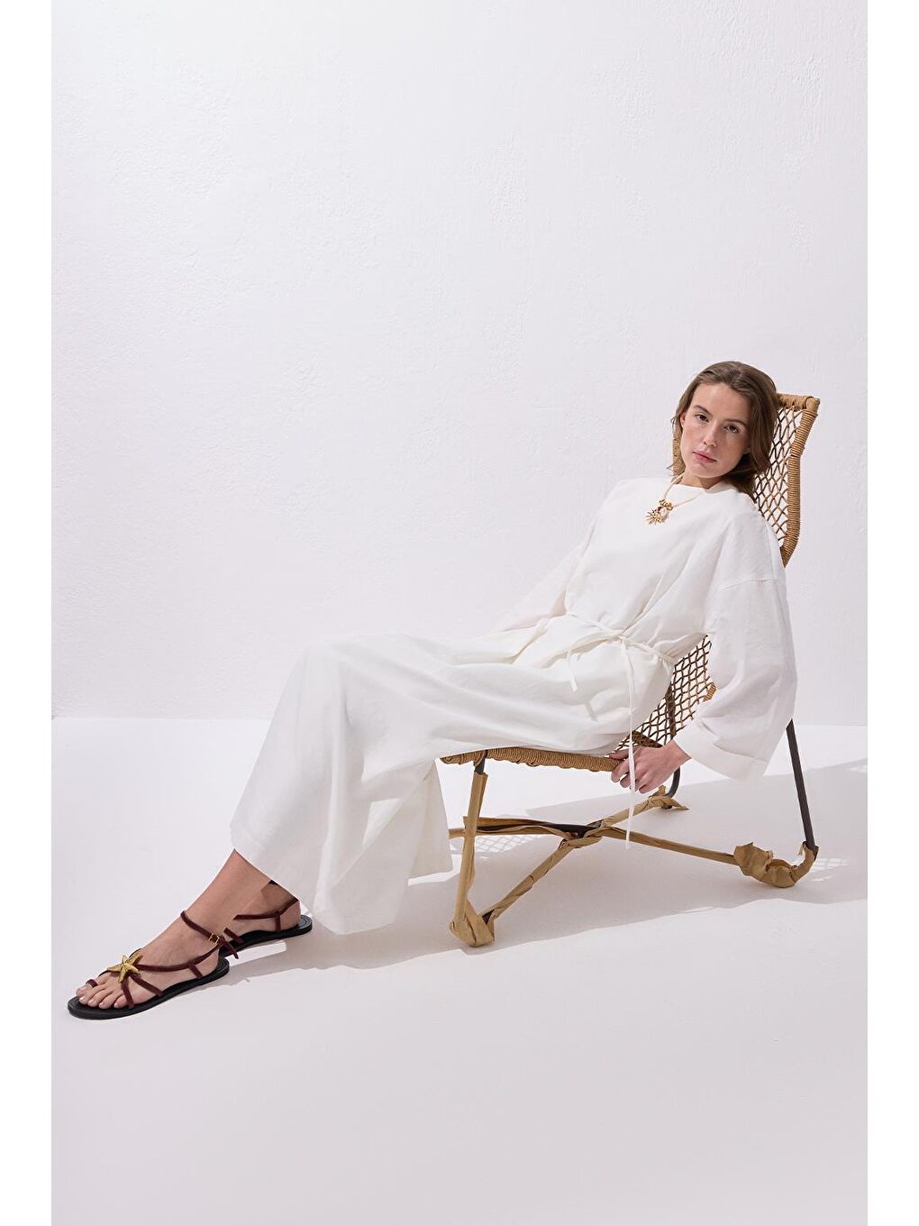 Solen Keten Uzun Elbise Ekru-1