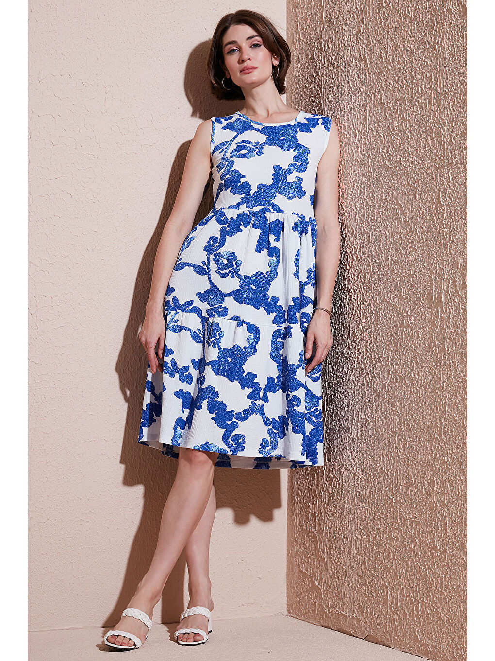 Lila Desenli Kolsuz Midi Elbise 5869007