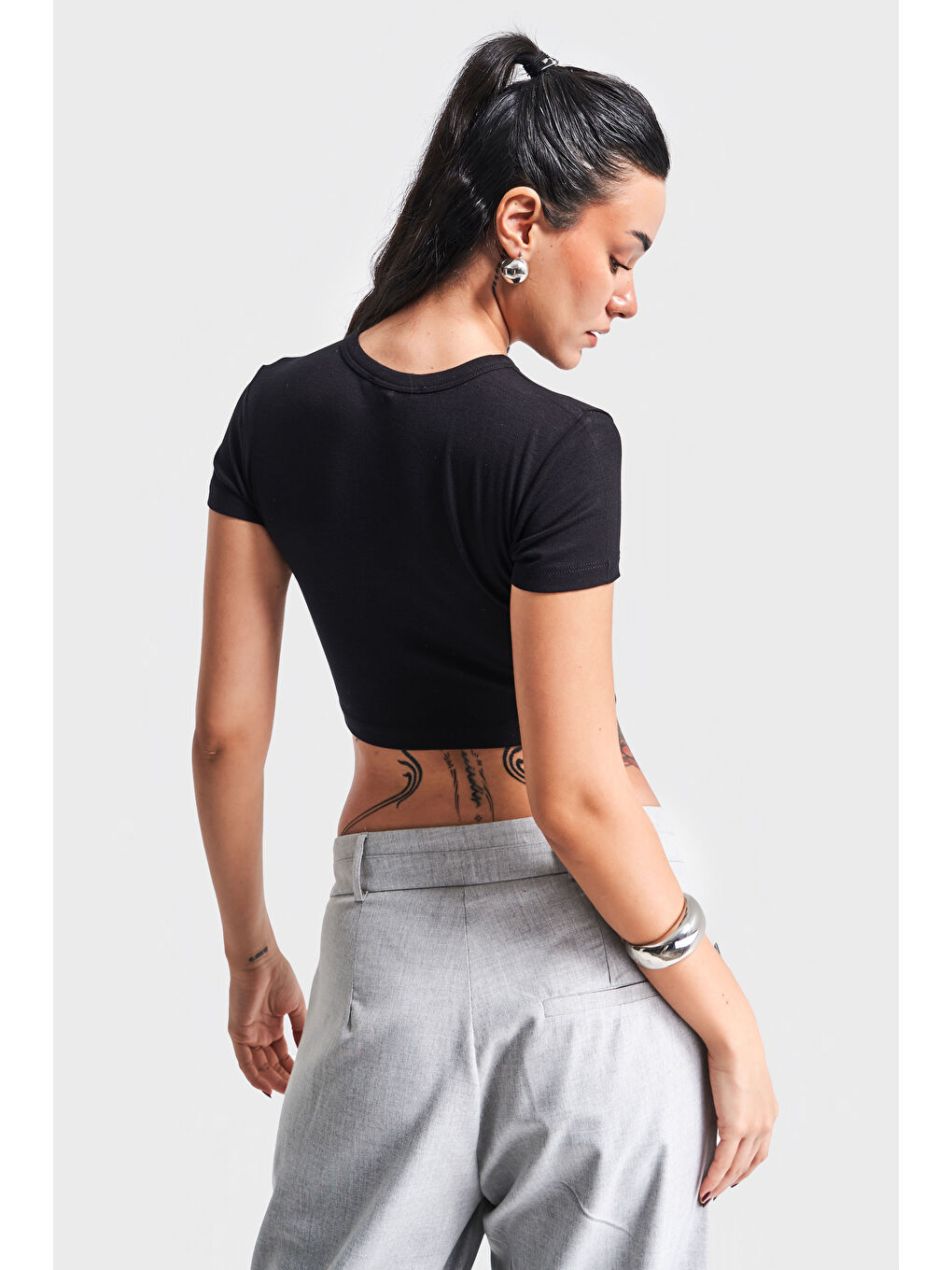 Kadın Siyah Renk S5 Süper Esnek Kumaş Crop Fit Top-2