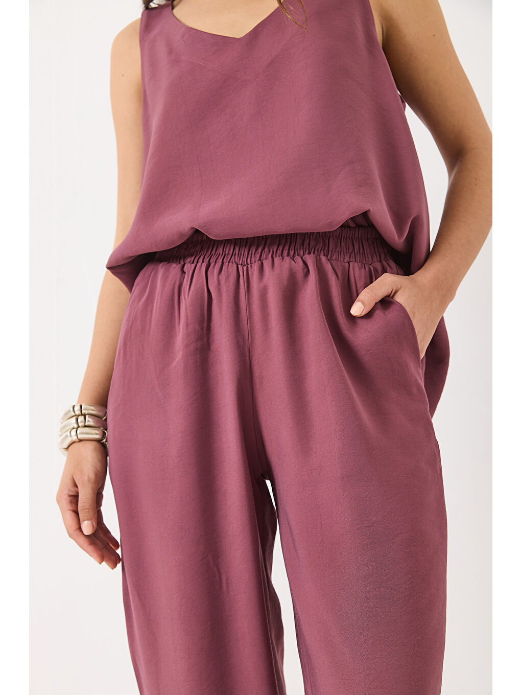 Mor Kadın V Yaka Askılı Bluz Palazzo Pantolonlu Alt-Üst Takım-5