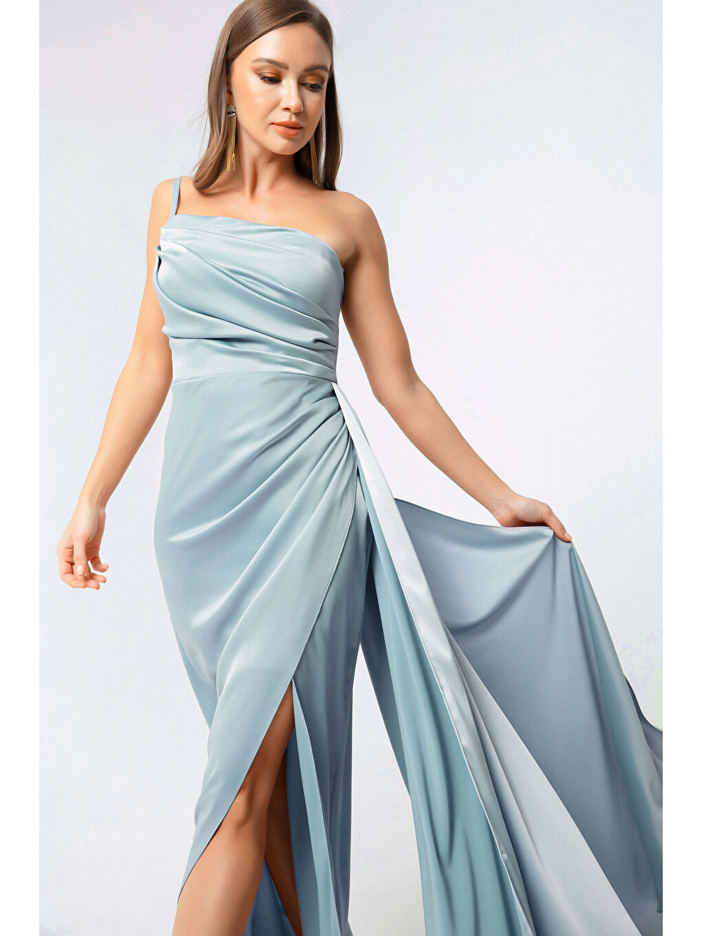 Kadın Bebe Mavi Tek Omuzlu Saten Abiye & Mezuniyet Elbisesi