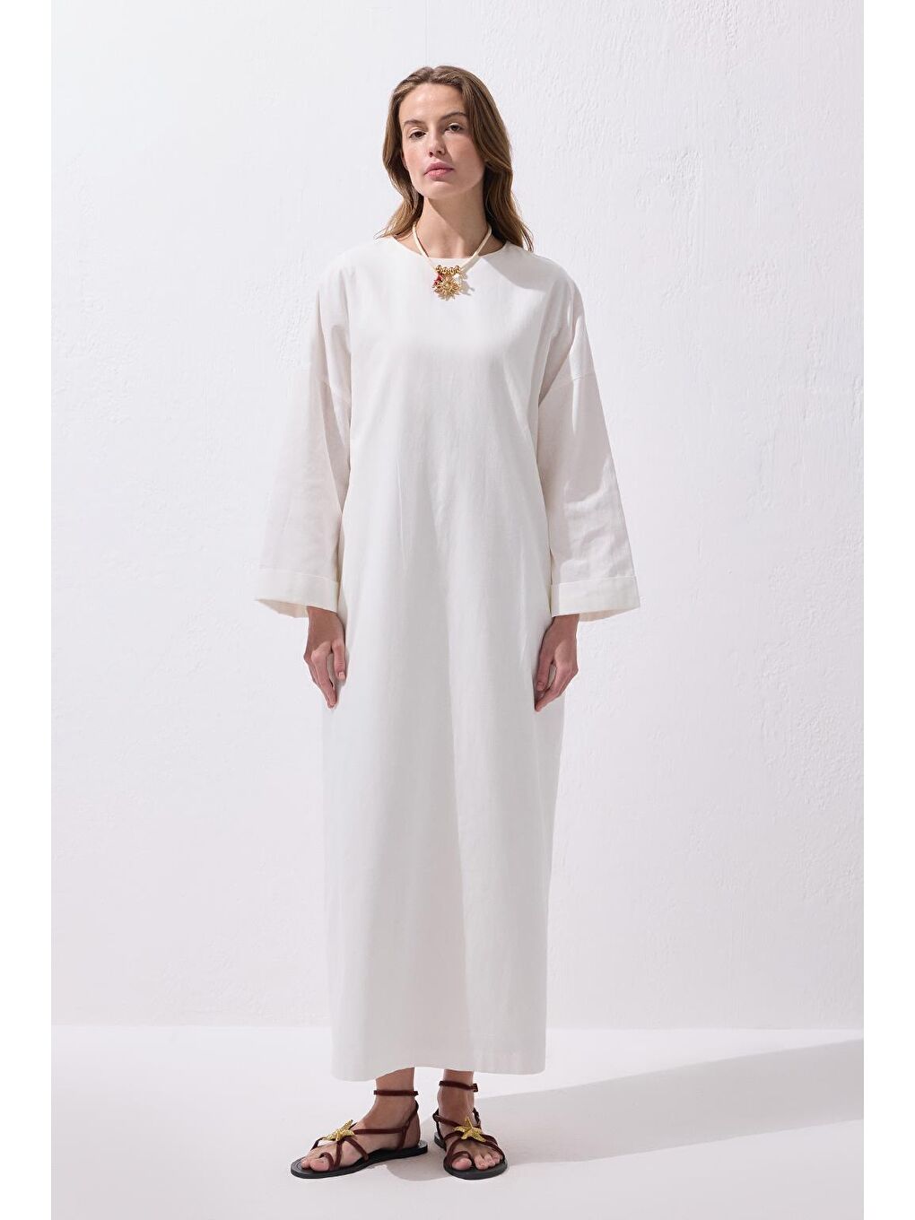 Solen Keten Uzun Elbise Ekru-2