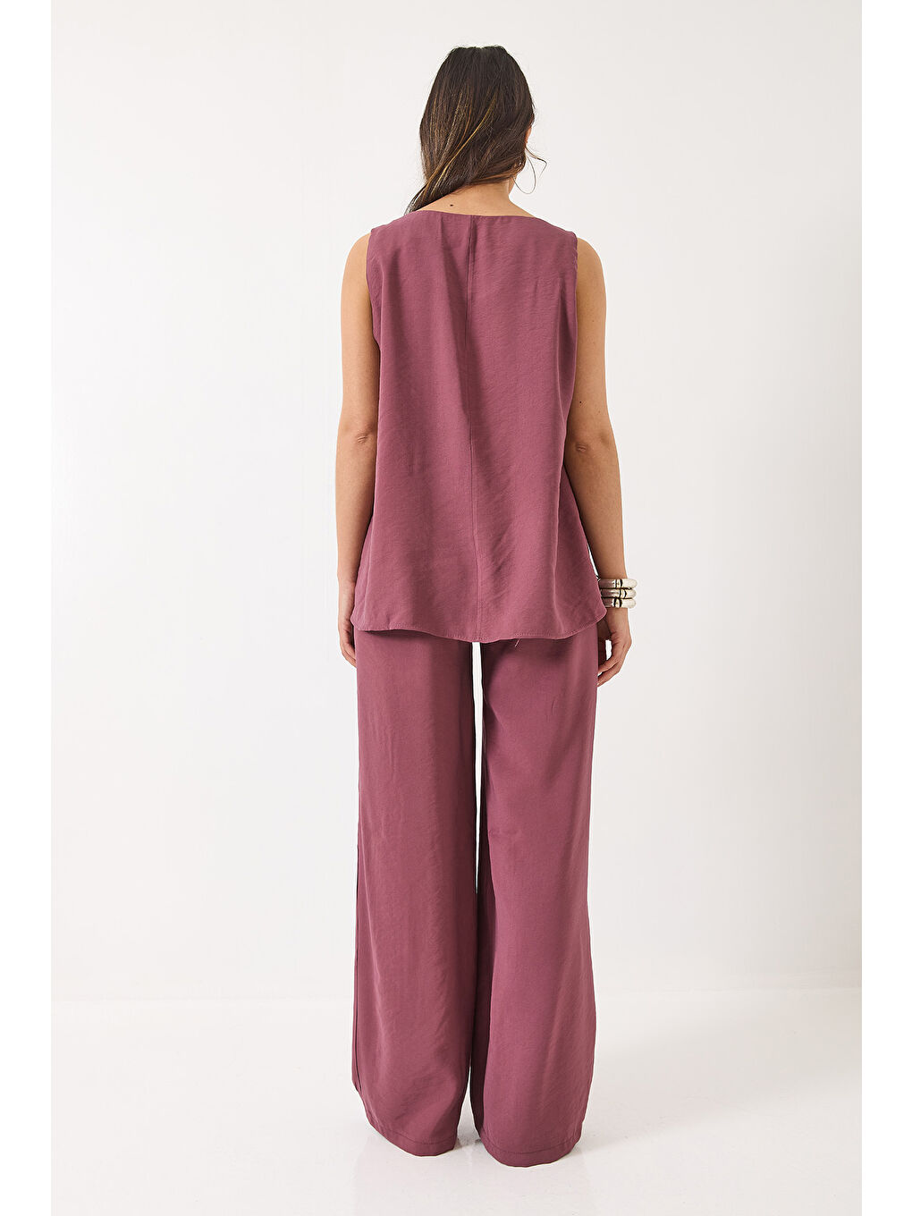 Mor Kadın V Yaka Askılı Bluz Palazzo Pantolonlu Alt-Üst Takım-6